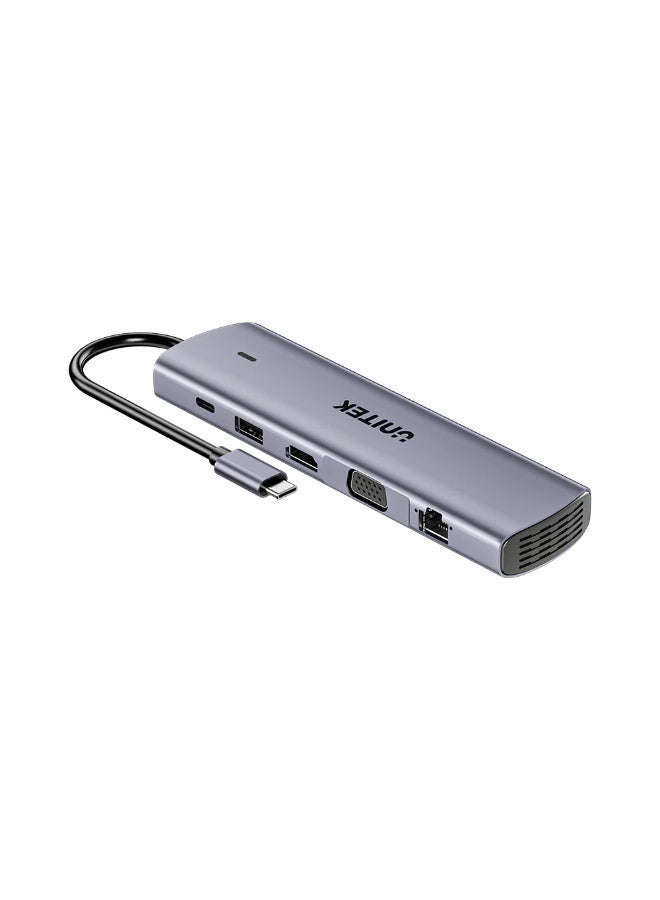 HUB U11+ 11-in-1 USB-C Hub with Dual Display, 4K@30Hz + 1080p, 100W Power Delivery, Gigabit Ethernet, 5Gbps USB, SD/MicroSD, Audio Jack – Grey
